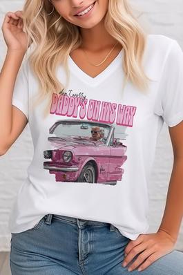  Daddy's On His Way, Unisex  V Neck T-Shirt