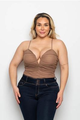 PLUS SIZE MESH V WIRE RUCHED DETAIL BODYSUIT