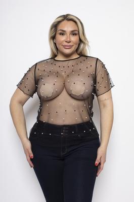 PLUS SIZE MESH PEARL BEADED ROUND NECK SHORT SLEEVE TOP