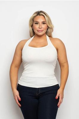 PLUS SIZE RIB KNIT SIDE RUCHED FITTED HALTER TANK TOP