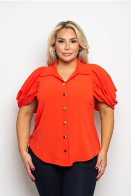PLUS SIZE COLLARED BUTTON DOWN PUFF SLEEVE BLOUSE