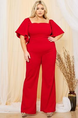 PLUS SIZE SQUARE NECK PLEATED FRONT BELL SLEEVE FLARE LEG JUMPSUIT