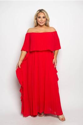 PLUS SIZE PLEATED OFF SHOULDER SIDE RUFFLE DETAIL MAXI DRESS