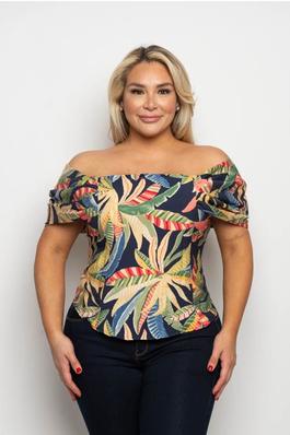 PLUS SIZE TROPICAL LEAF PRINT OFF SHOULDER PLEATED SLEEVE BLOUSE