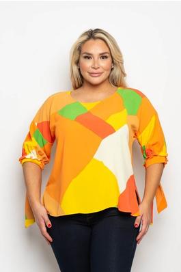 PLUS SIZE ABSTRACT PRINT ROUND NECK TIE SLEEVE DETAIL BLOUSE