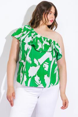 PLUS SIZE ABSTRACT PRINT ONE SHOULDER RUFFLE FLOUNCE BLOUSE