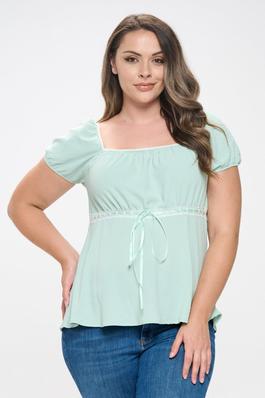 PLUS SIZE RUCHED SQUARE NECK BOW DETAIL PUFF SLEEVE BABYBDOLL TOP