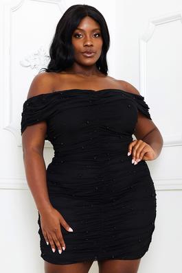 PLUS SIZE PEARL BEADED OFF SHOULDER RUCHED MINI DRESS