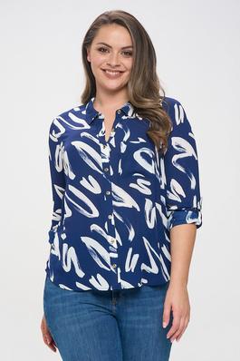 PLUS SIZE ABSTRACT PRINT BUTTON DOWN COLLARED ROLL UP SLEEVE BLOUSE