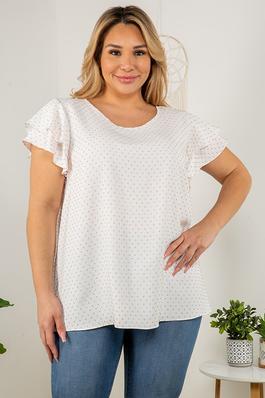 PLUS SIZE CLIP DOT ROUND NECK RELAXED FIT TIERED FLUTTER SLEEVE BLOUSE