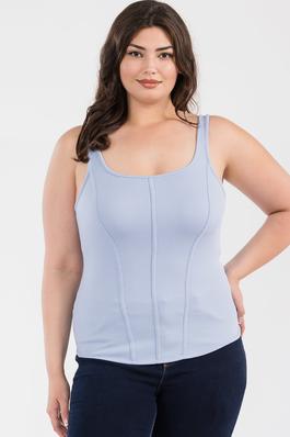 PLUS SIZE SEAMLESS SQUARE NECK FITTED CORSET DETAIL TANK TOP
