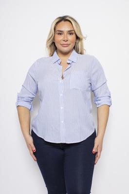 PLUS SIZE STRIPE COLLARED BUTTON DOWN ROLL UP SLEEVE SIDE POCKET SHIRT