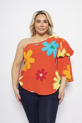 PLUS SIZE FLORAL PRINT ONE SHOULDER PUFF SLEEVE BLOUSE