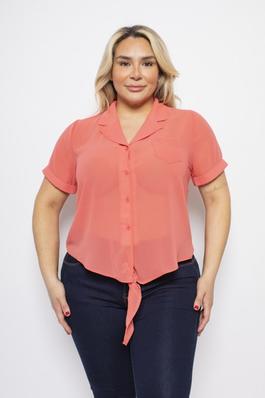 PLUS SIZE CHIFFON V NECK COLLARED TIE FRONT SHORT SLEEVE BLOUSE