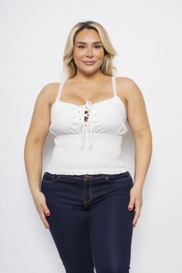 PLUS SIZE LACE UP FRONT DETAIL SMOCKED BODICE FITTED TANK TOP