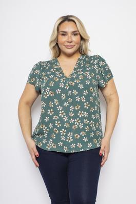 PLUS SIZE FLORAL V NECK PUFF SLEEVE BLOUSE