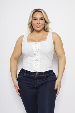 PLUS SIZE SQUARE NECK LACE UP FRONT DETAIL FITTED TANK TOP