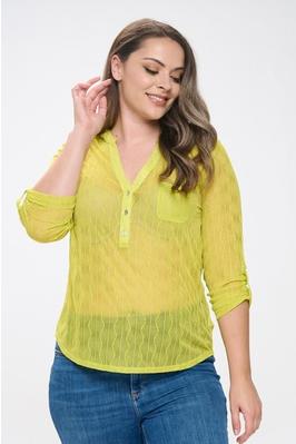 PLUS SIZE TEXTURED MESH HENLEY NECK ROLL SLEEVE TOP