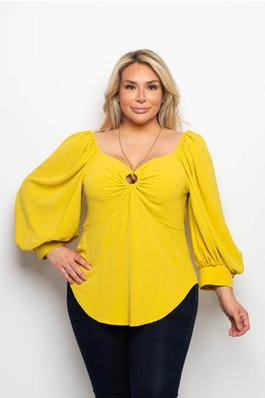 PLUS SIZE SWEETHEART NECK O RING DETAIL NECKLACE BLOUSON SLEEVE BLOUSE