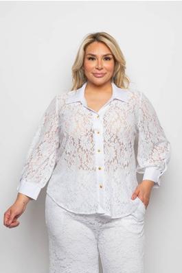 PLUS SIZE LACE COLLARED BUTTON DOWN LONG SLEEVE SHIRT