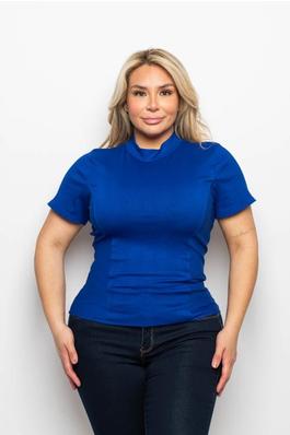 PLUS SIZE RIB KNIT MOCK NECK FITTED SHORT SLEEVE TOP