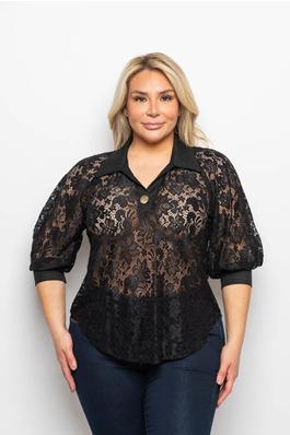 PLUS SIZE LACE COLLARED HALF SLEEVE BLOUSE