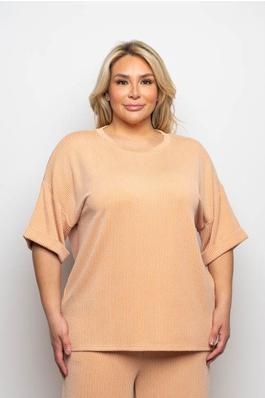 PLUS SIZE LOUNGE RIB ROUND NECK SHORT SLEEVE RELAXED TOP