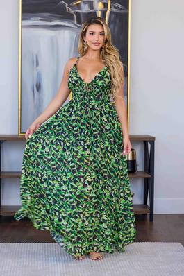 FLORAL LEAF MAXI DRESS WITH EMPIRE WAIST