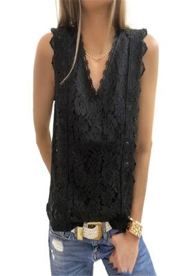 V neck lace hollow sleeveless blouse tank top