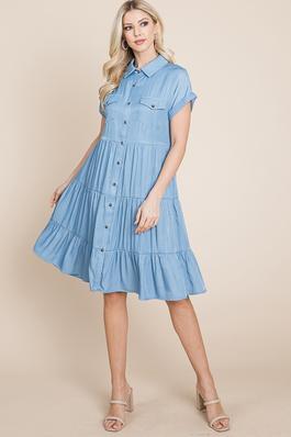 Plus Button Down Tiered Chambray Shirt Dress
