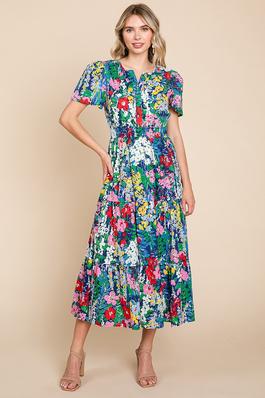 Tiered Floral Print V Neck Cotton Midi Dress 
