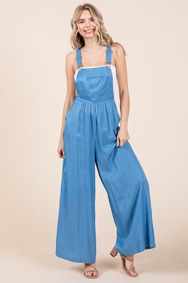 Wide Leg Loose Fit Chambray Jumpsuits with Pockets