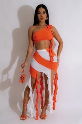 one shoulder cropped top fringe skirt 2pcs set
