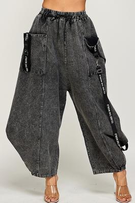 Unique design black washed denim pants