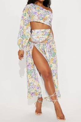 ONE SHOULDER PRINTED BODYSUIT W/ CHAIN AND SKIRT SET