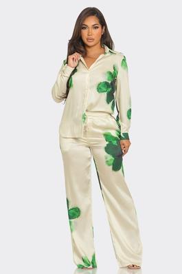 PRINTED BUTTON DETAIL TOP AND PANTS SET