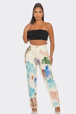 multi color painting detail high waist jean