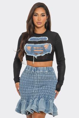 MESH CROP TOP WITH DENIM PATCHES