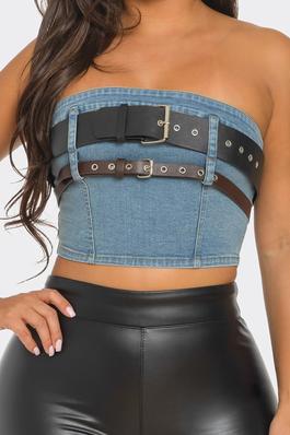 TWO BELTS OVER TUBE DENIM TOP