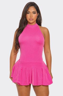 HIGH NECK MINI DRESS, SHORTS ARE ATTACHED