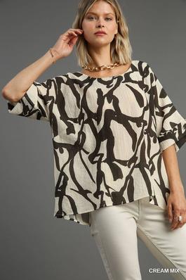 Abstract Print Boatneck 3/4 Sleeve Boxy Cut Top