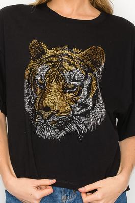 Rhinestone Tiger Crop Top Shirt