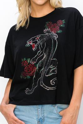 Rhinestone Panther with Roses Top