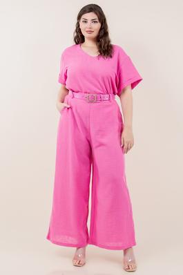 Plus Size Solid Linen Top and Pants Set
