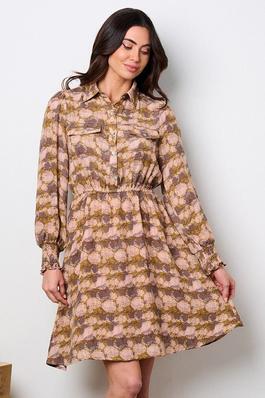 Printed button-down puff sleeve collared dress