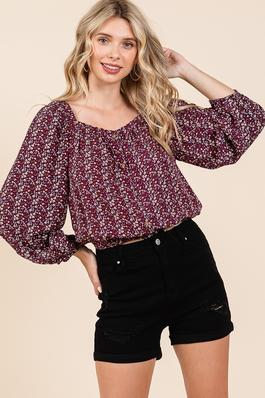 Ditsy floral button-down puff sleeve bubble top