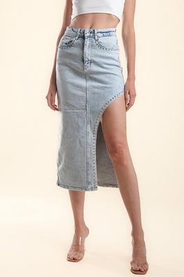 Studded trim open side jean midi skirt