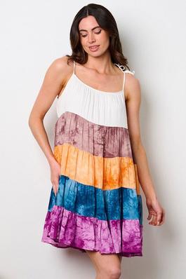 Tie-dye and colorblock tiered swing dress