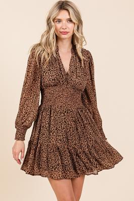 Leopard puff sleeve v-neck smock waist dress