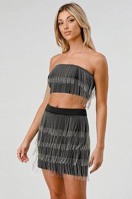 2pc set fringed chain tube crop top and skirt